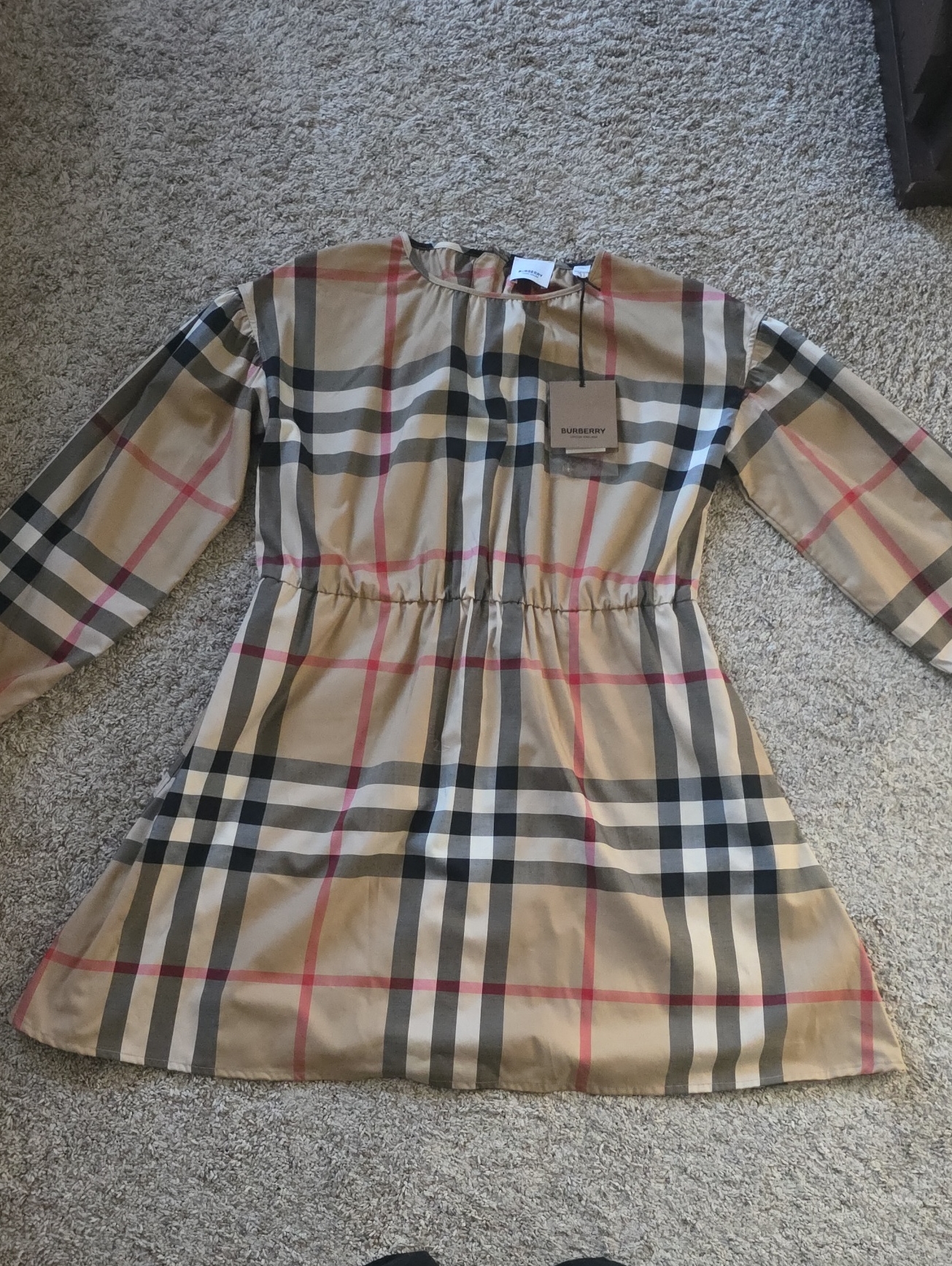 Brand New Burberry Beige Nova Check Long Sleeve Dress With Black & Red Stripes